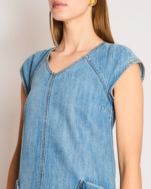 Chanel Pre Fall 2014 Blue Denim Paris Dallas Sleeveless Open Back Mini Dress with Front Pockets and Silver Star Textured CC Logo Buttons Size FR 36 (UK 8)