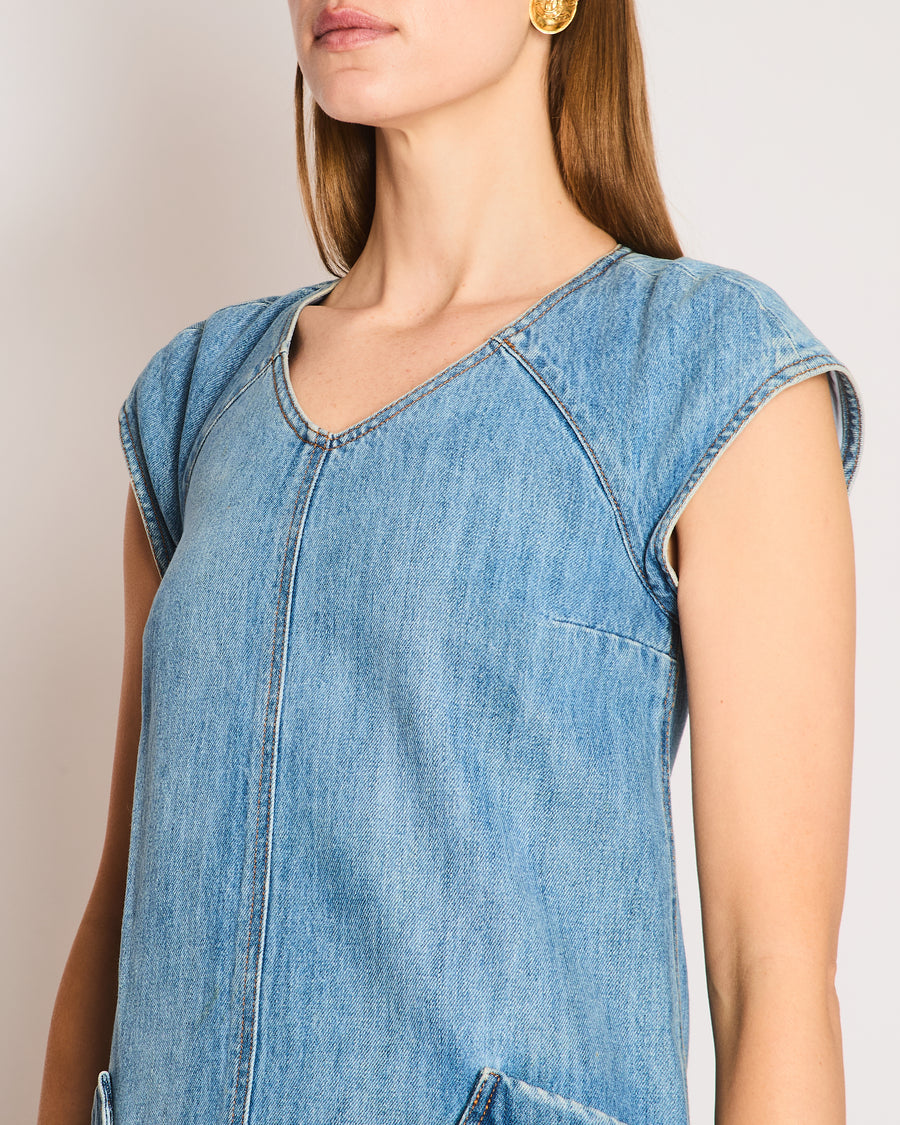 Chanel Pre Fall 2014 Blue Denim Paris Dallas Sleeveless Open Back Mini Dress with Front Pockets and Silver Star Textured CC Logo Buttons Size FR 36 (UK 8)