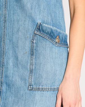 Chanel Pre Fall 2014 Blue Denim Paris Dallas Sleeveless Open Back Mini Dress with Front Pockets and Silver Star Textured CC Logo Buttons Size FR 36 (UK 8)