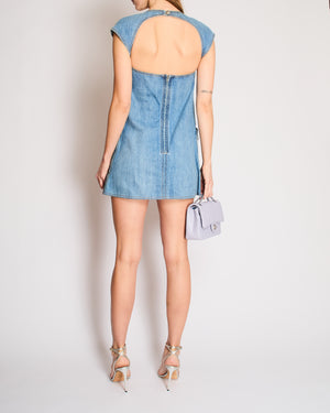 Chanel Pre Fall 2014 Blue Denim Paris Dallas Sleeveless Open Back Mini Dress with Front Pockets and Silver Star Textured CC Logo Buttons Size FR 36 (UK 8)