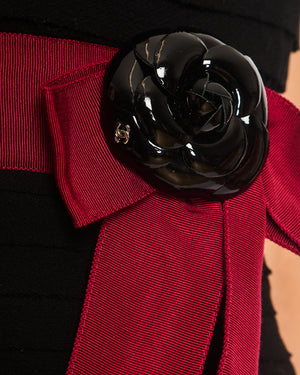 Chanel Black Wool Pleated Mini Dress with Red Sash Belt and Detachable Patent Leather Camellia Brooch with Gold CC Logo Detail Size FR 34 (UK 6)