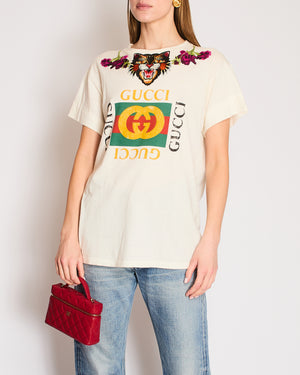 Gucci White Logo Print T-Shirt with Angry Cat Motif and Floral Embroidery Size M (UK 10)