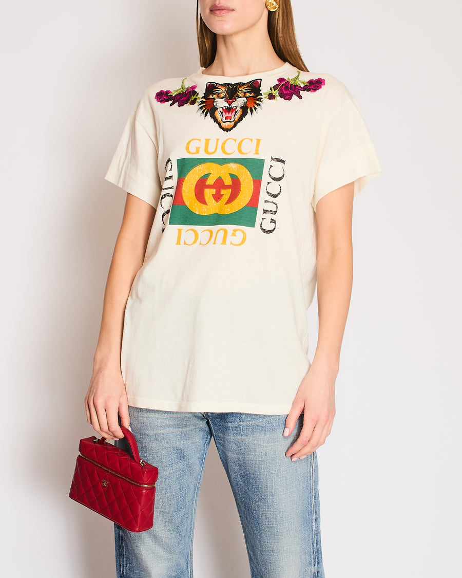 Gucci White Logo Print T-Shirt with Angry Cat Motif and Floral Embroidery Size M (UK 10)