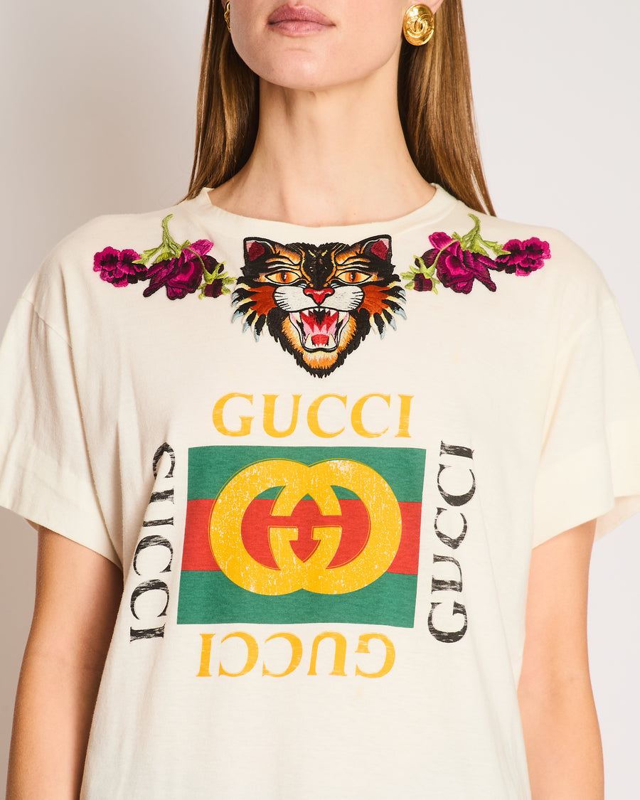 Gucci White Logo Print T-Shirt with Angry Cat Motif and Floral Embroidery Size M (UK 10)