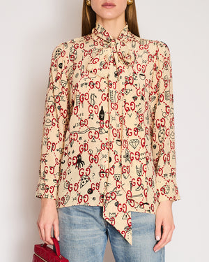 Gucci Ghost Beige Silk Shirt with Red and Black Logo Graphic Print and Neck Tie Size IT 42 (UK 10)