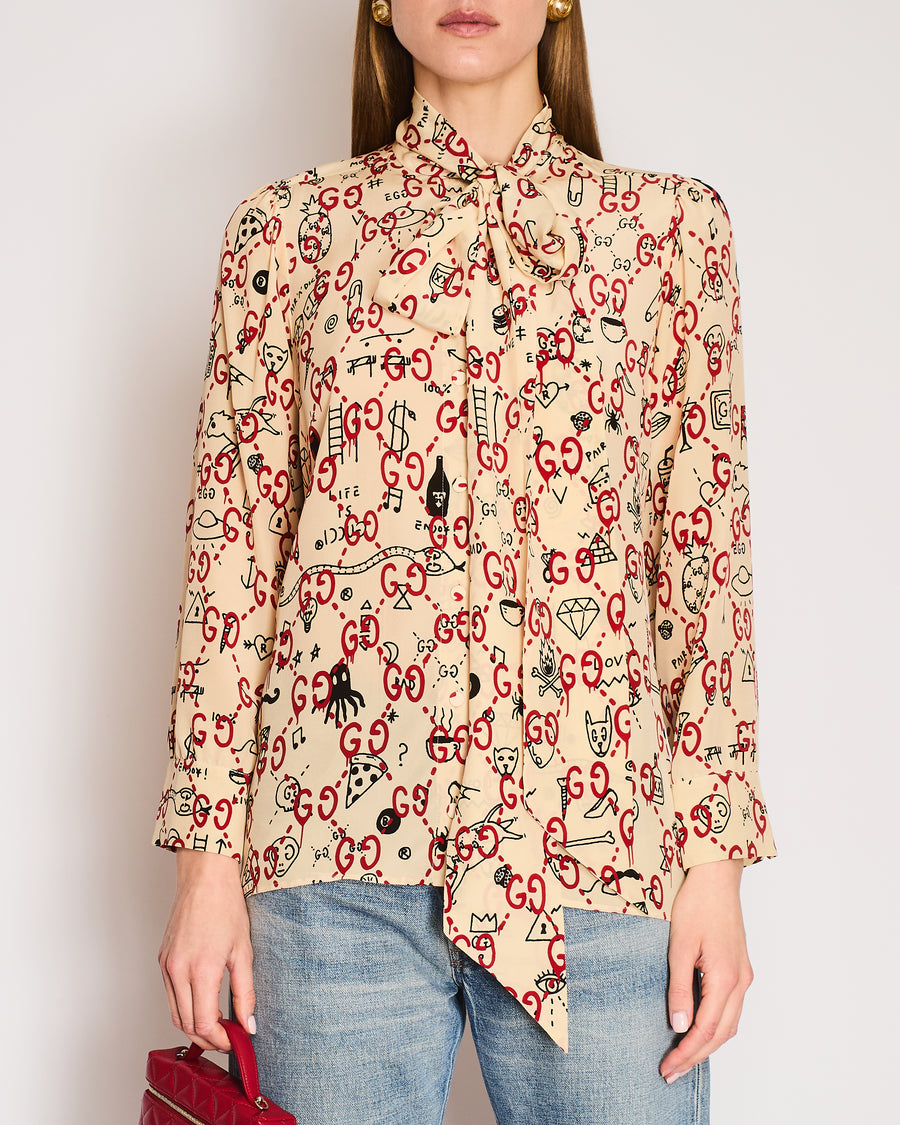 Gucci Ghost Beige Silk Shirt with Red and Black Logo Graphic Print and Neck Tie Size IT 42 (UK 10)