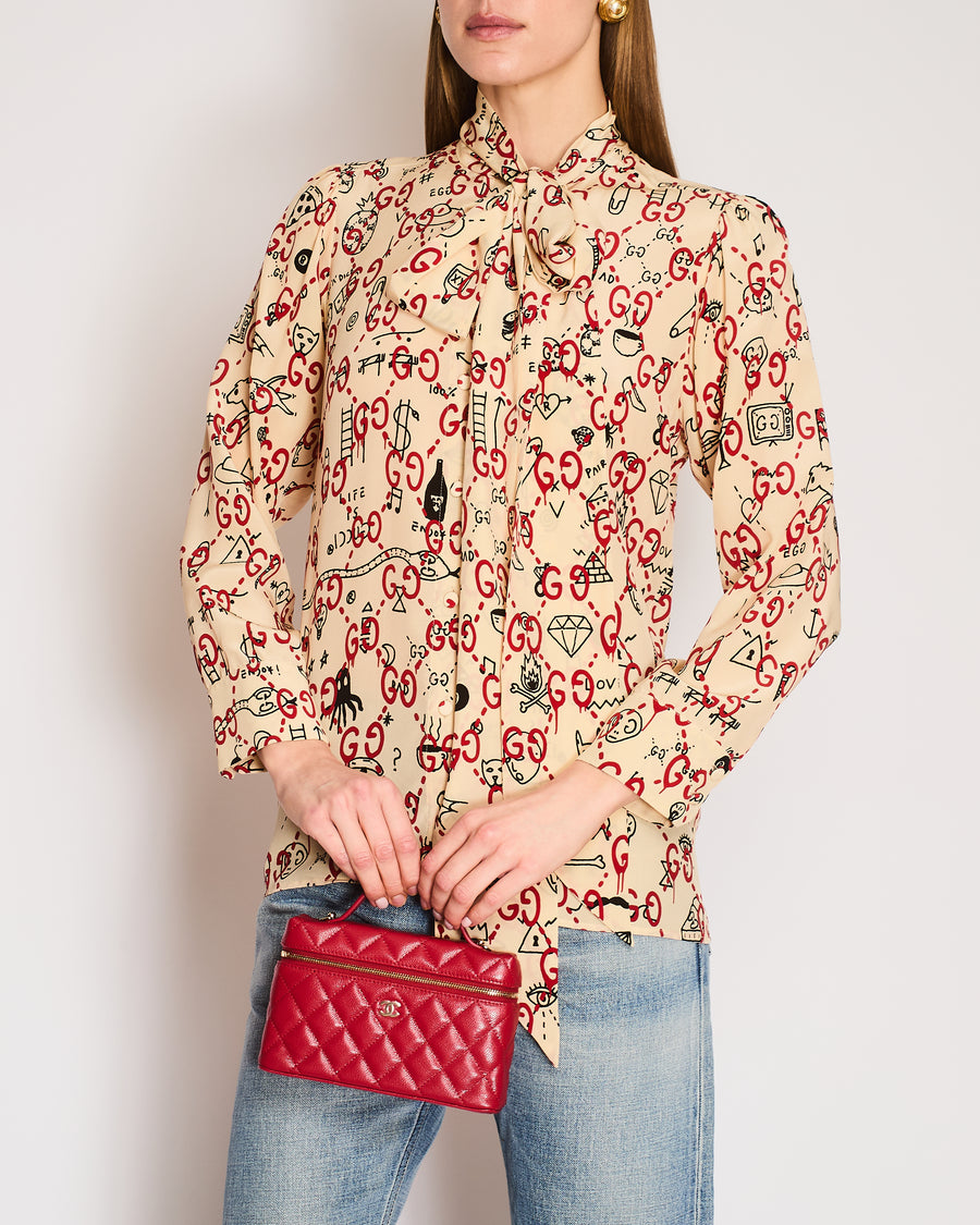 Gucci Ghost Beige Silk Shirt with Red and Black Logo Graphic Print and Neck Tie Size IT 42 (UK 10)