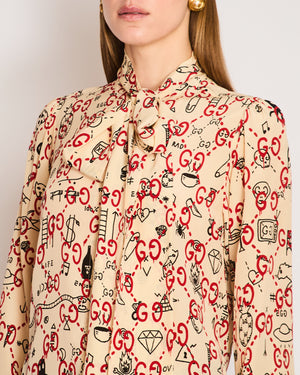 Gucci Ghost Beige Silk Shirt with Red and Black Logo Graphic Print and Neck Tie Size IT 42 (UK 10)