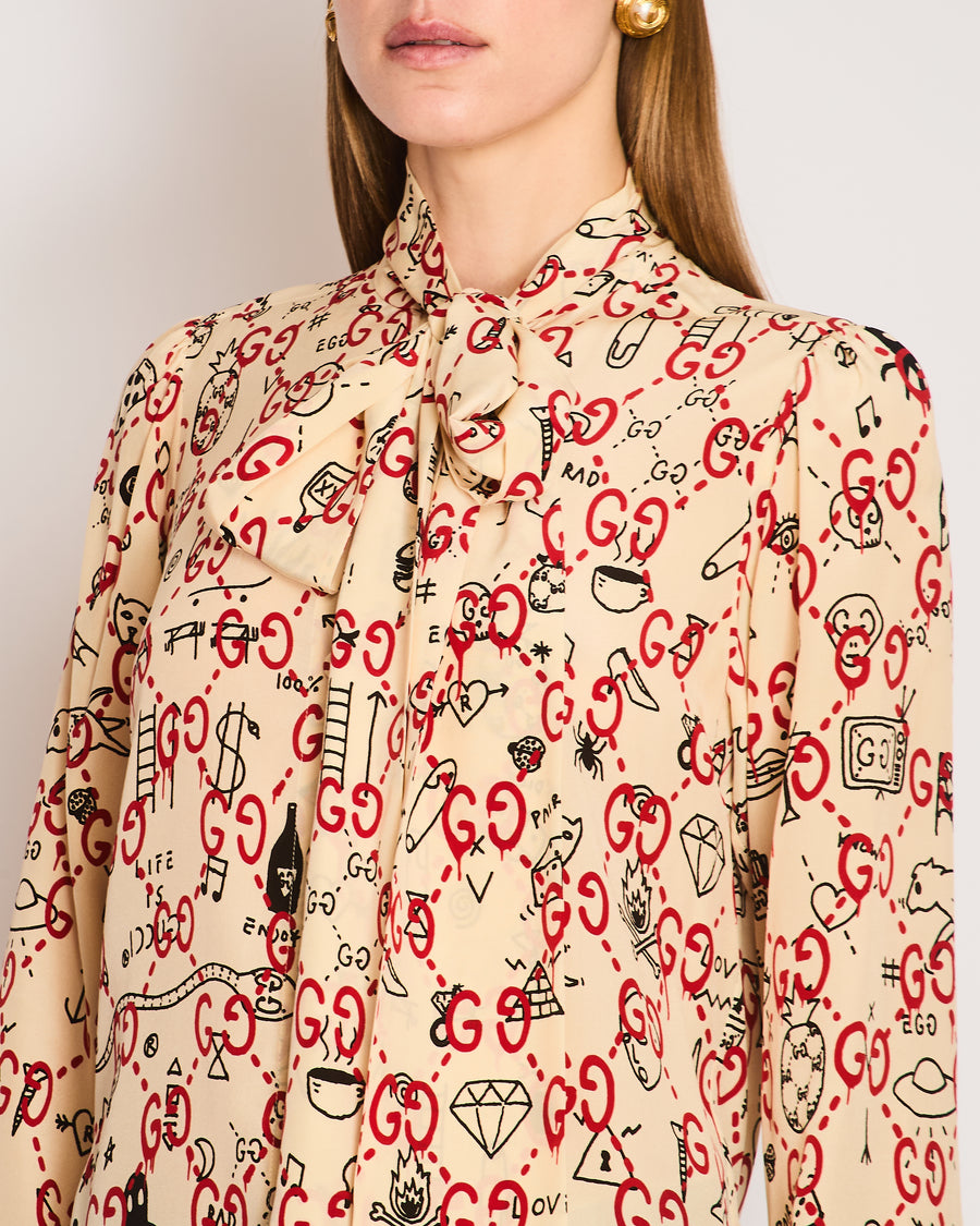 Gucci Ghost Beige Silk Shirt with Red and Black Logo Graphic Print and Neck Tie Size IT 42 (UK 10)