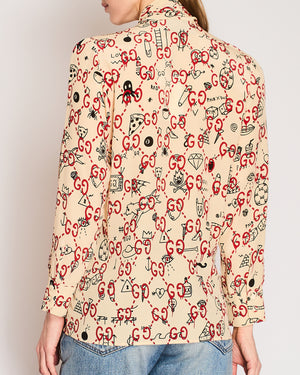 Gucci Ghost Beige Silk Shirt with Red and Black Logo Graphic Print and Neck Tie Size IT 42 (UK 10)