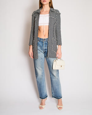 Chanel Navy, White Tweed Fringe Coat with Fringed Trims and a Silver Zip Size FR 38 (UK 10)