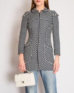 Chanel Navy, White Tweed Fringe Coat with Fringed Trims and a Silver Zip Size FR 38 (UK 10)
