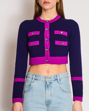 Chanel 23B Purple and Pink Contrast Trim Cropped Cardigan with Silver CC Buttons Size FR 36 (UK 8)