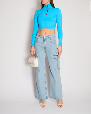 Prada Blue Cropped Ribbed Logo Long Sleeve Top Size XS (UK 4)