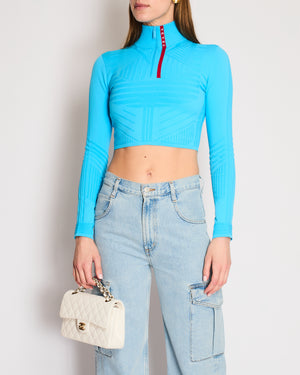 Prada Blue Cropped Ribbed Logo Long Sleeve Top Size XS (UK 4)