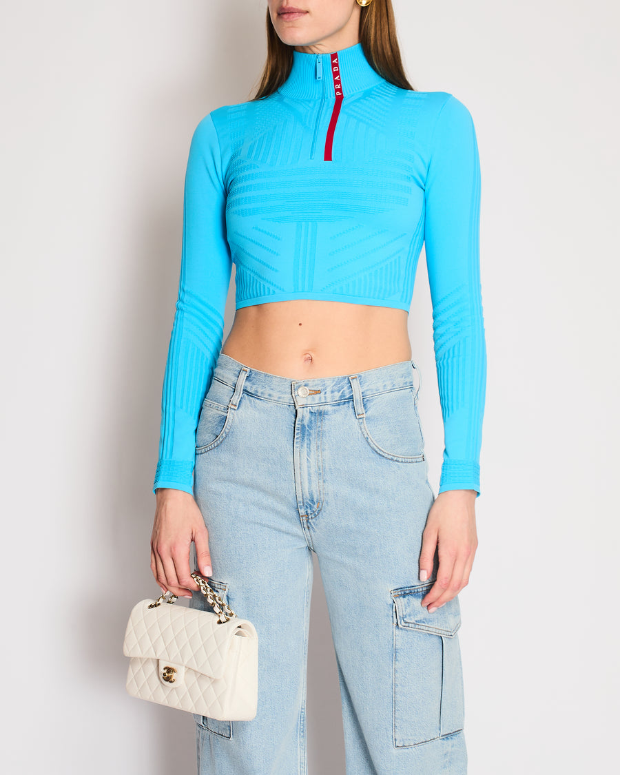 Prada Blue Cropped Ribbed Logo Long Sleeve Top Size XS (UK 4)