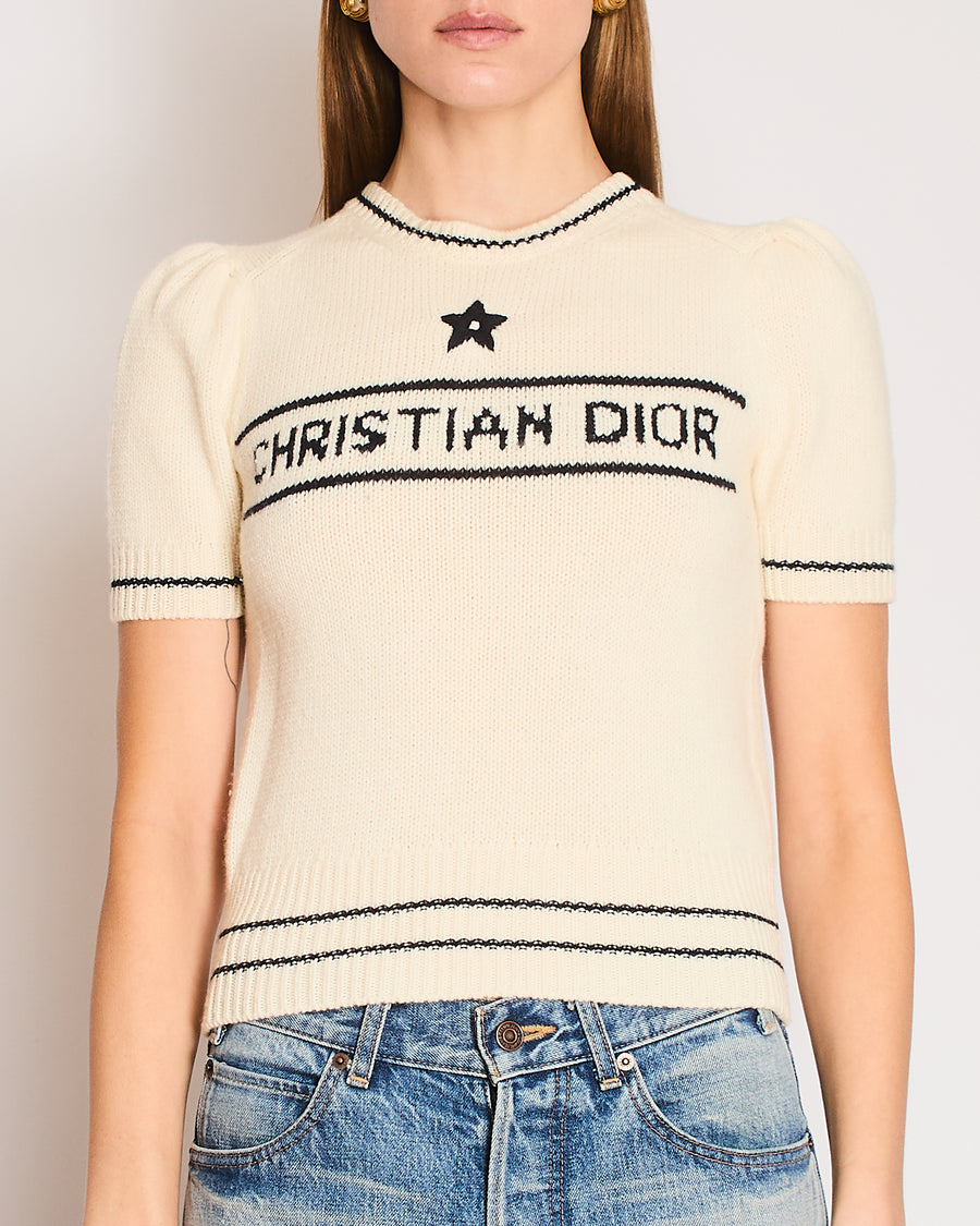 Christian Dior Cream Knitted Logo Short Sleeve Jumper Size FR 36 (UK 8)