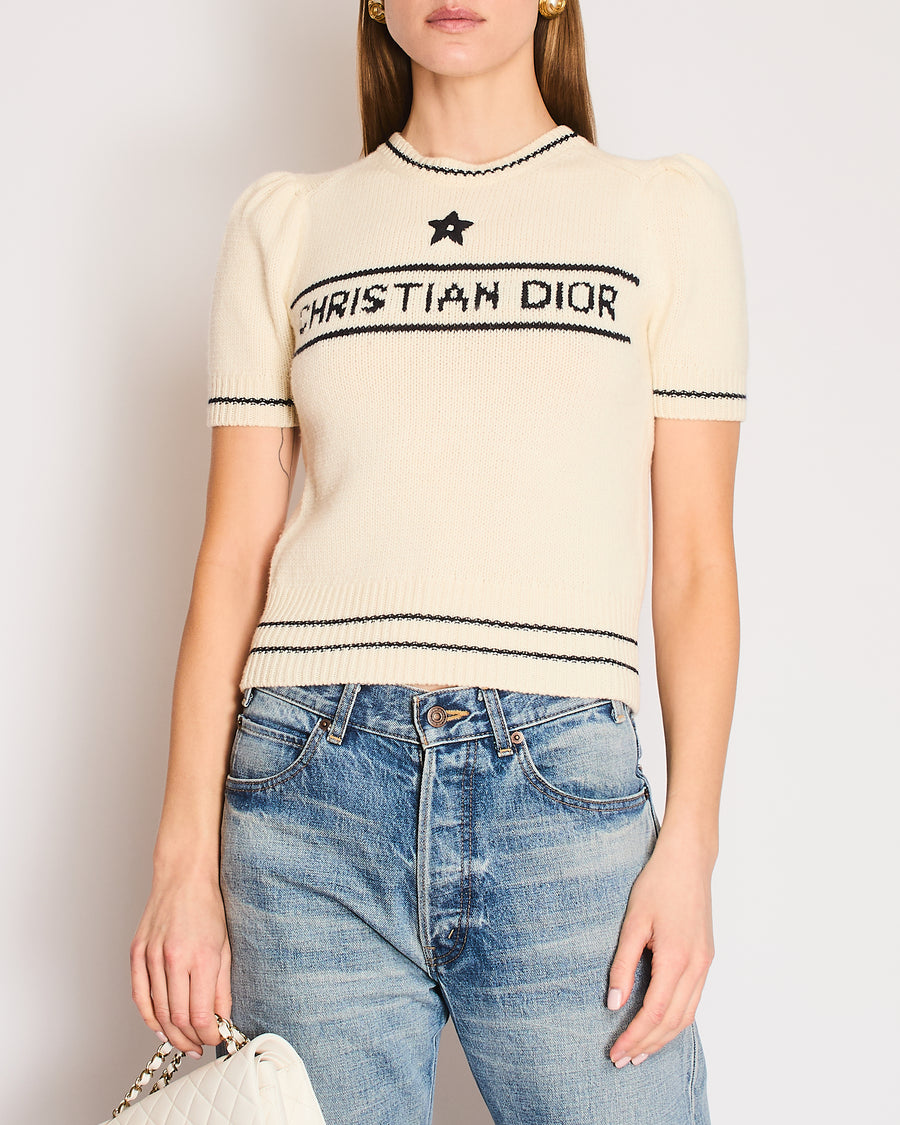 Christian Dior Cream Knitted Logo Short Sleeve Jumper Size FR 36 (UK 8)