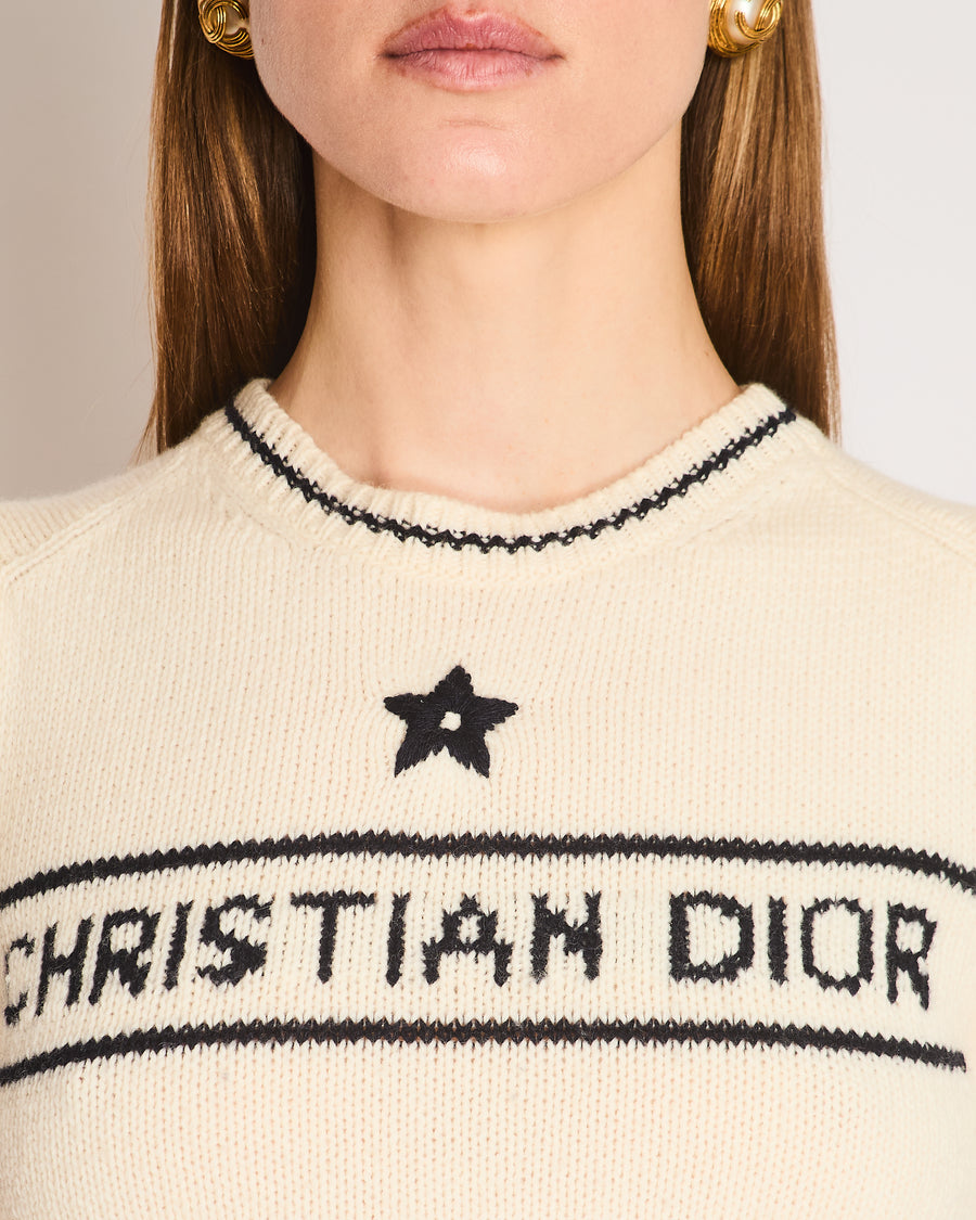 Christian Dior Cream Knitted Logo Short Sleeve Jumper Size FR 36 (UK 8)