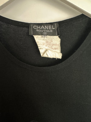 Chanel 95P Vintage Black Sleeveless Cotton Top with Stitched Logo and Gold Logo Buttons on the Shoulder Size FR 36 (UK 8)