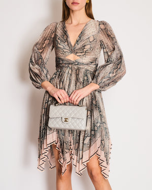 Zimmermann Grey and Pink Snake Print Pleated Midi Dress with Cutouts Size 0 (UK 8)