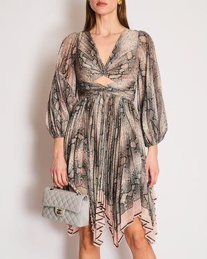 Zimmermann Grey and Pink Snake Print Pleated Midi Dress with Cutouts Size 0 (UK 8)