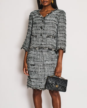 Chanel Black and White Tweed Blazer and Midi Skirt Set with Black CC Logo Buttons and Feather Trim Size FR 40-42 (UK 12-14)