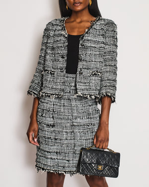 Chanel Black and White Tweed Blazer and Midi Skirt Set with Black CC Logo Buttons and Feather Trim Size FR 40-42 (UK 12-14)