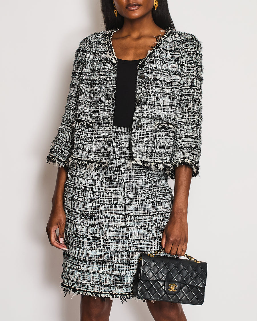 Chanel Black and White Tweed Blazer and Midi Skirt Set with Black CC Logo Buttons and Feather Trim Size FR 40-42 (UK 12-14)