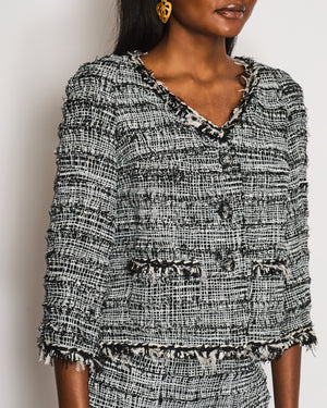 Chanel Black and White Tweed Blazer and Midi Skirt Set with Black CC Logo Buttons and Feather Trim Size FR 40-42 (UK 12-14)
