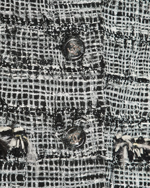 Chanel Black and White Tweed Blazer and Midi Skirt Set with Black CC Logo Buttons and Feather Trim Size FR 40-42 (UK 12-14)