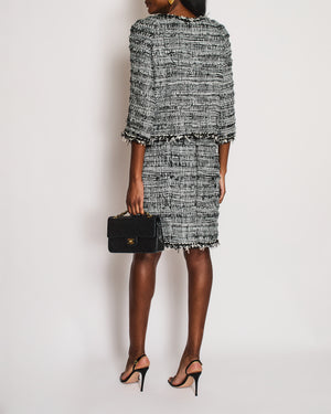 Chanel Black and White Tweed Blazer and Midi Skirt Set with Black CC Logo Buttons and Feather Trim Size FR 40-42 (UK 12-14)
