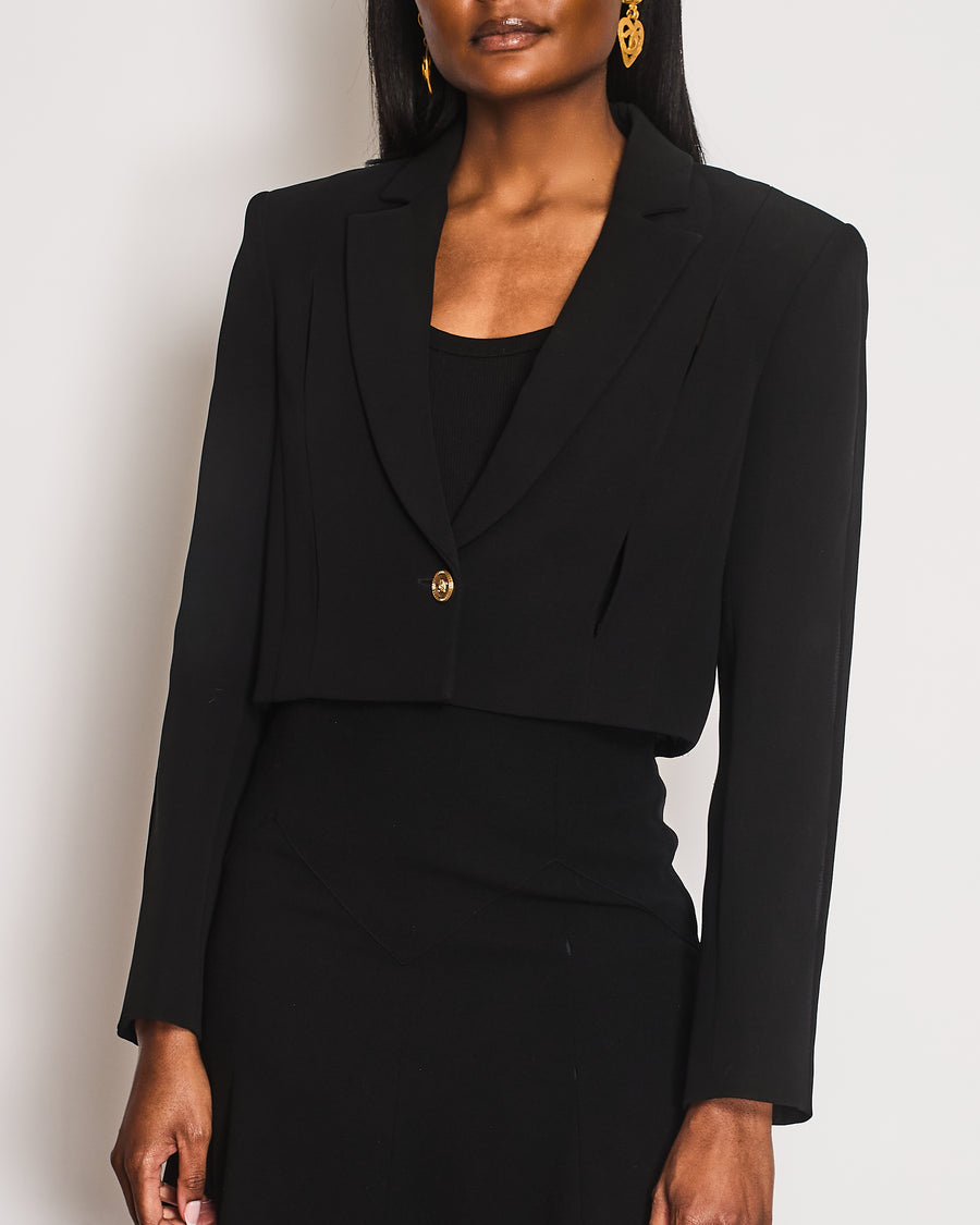 Versace Tribute Black Silk Cropped Blazer Jacket with Back and Sleeve Cut-Outs and Gold Medusa Buttons Size IT 44 (UK 12)