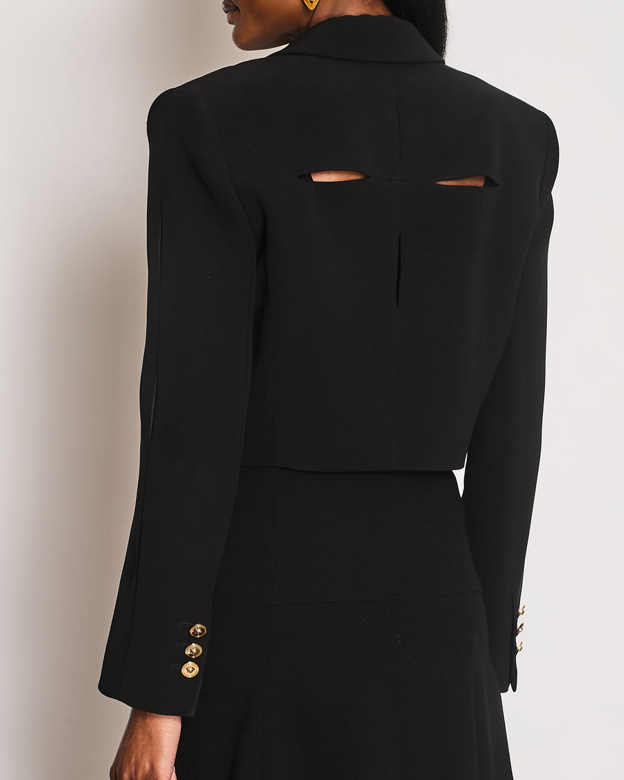 Versace Tribute Black Silk Cropped Blazer Jacket with Back and Sleeve Cut-Outs and Gold Medusa Buttons Size IT 44 (UK 12)