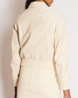 Celine Cream Triomphe Cropped Bomber Leather Jacket in Lambskin Size FR 36 (UK 8)