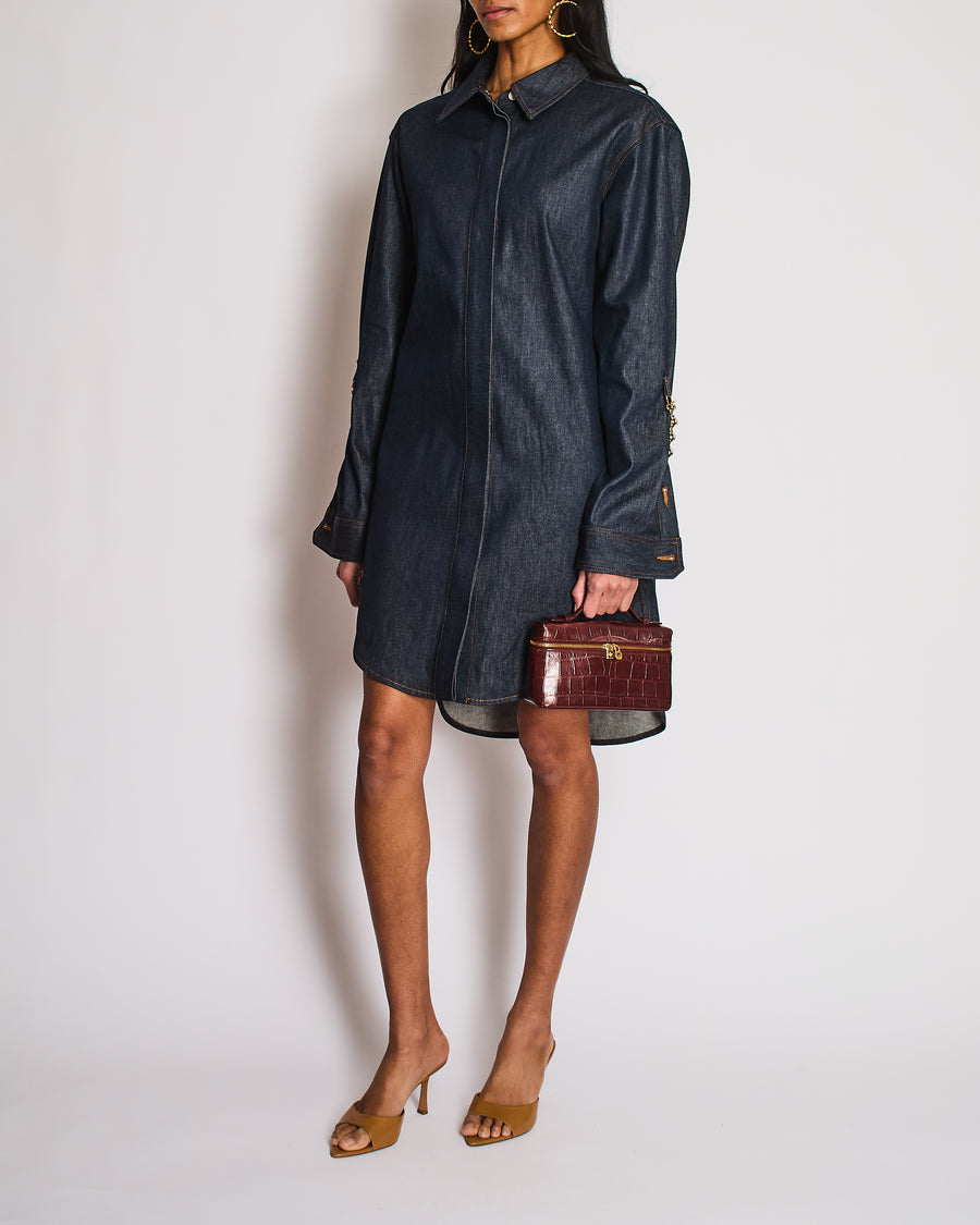 Loewe Dark Blue Raw Denim Shirt Dress with Chain and Anagram Logo Deta –  Sellier