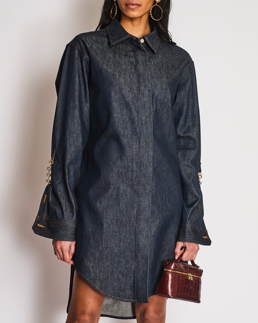 Loewe Dark Blue Raw Denim Shirt Dress with Chain and Anagram Logo Detail Size FR38 (UK 10)