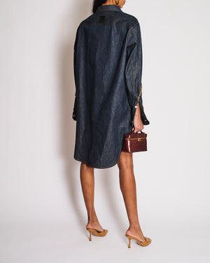 Loewe Dark Blue Raw Denim Shirt Dress with Chain and Anagram Logo Detail Size FR38 (UK 10)