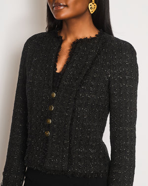 Chanel 2005 Black Tweed Single Breasted Jacket with Frayed Trim Detail Size FR 36 (UK 8)