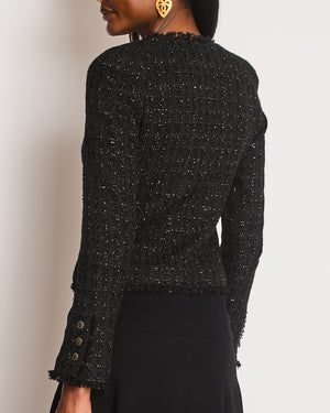 Chanel 2005 Black Tweed Single Breasted Jacket with Frayed Trim Detail Size FR 36 (UK 8)