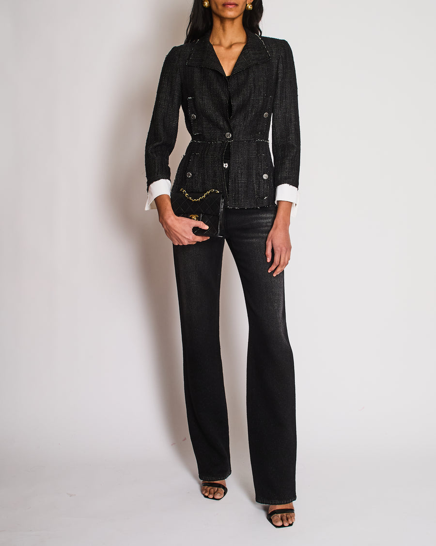Chanel 07/P Black Silk Weaved Single Breasted Jacket with Detachable Cuff Detail Size FR 36 (UK 8)