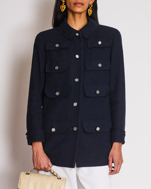 Chanel 20/C Navy Tweed Pocketed Long Sleeve Jacket with CC Button Detail Size FR 44 (UK 16)