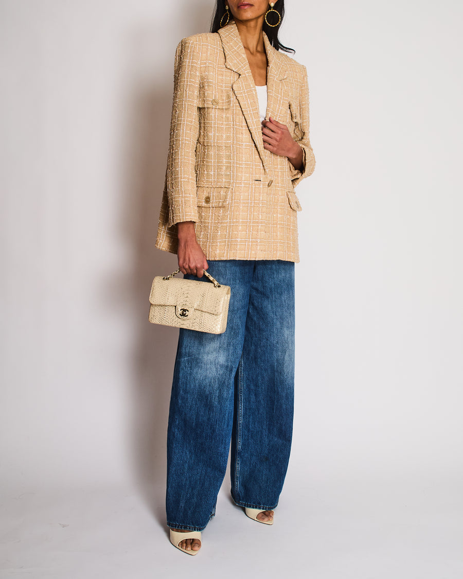 Chanel 19/S Beige Tweed Single Breasted Blazer with Pocket and CC Button Detail Size FR 40 (UK 12)