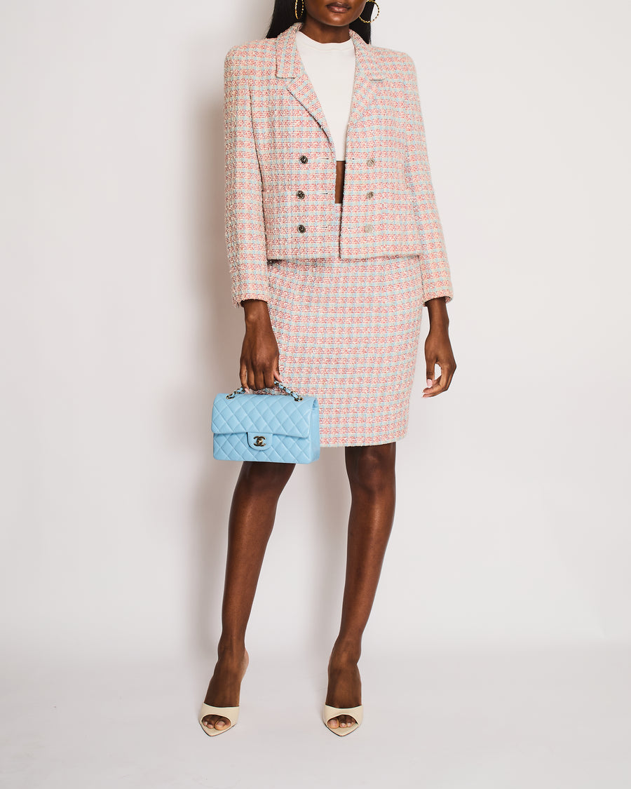 Chanel Red, Blue and White Tweed Jacket and Skirt Set with Silver CC Button Details Size FR 40 (UK 12)