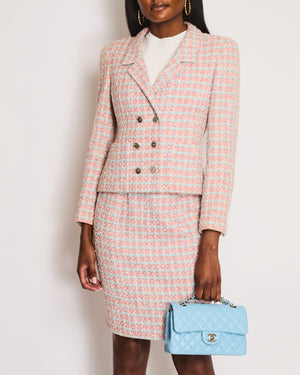 Chanel Red, Blue and White Tweed Jacket and Skirt Set with Silver CC Button Details Size FR 40 (UK 12)