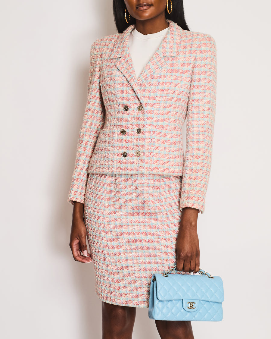 Chanel Red, Blue and White Tweed Jacket and Skirt Set with Silver CC Button Details Size FR 40 (UK 12)