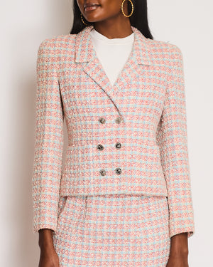 Chanel Red, Blue and White Tweed Jacket and Skirt Set with Silver CC Button Details Size FR 40 (UK 12)