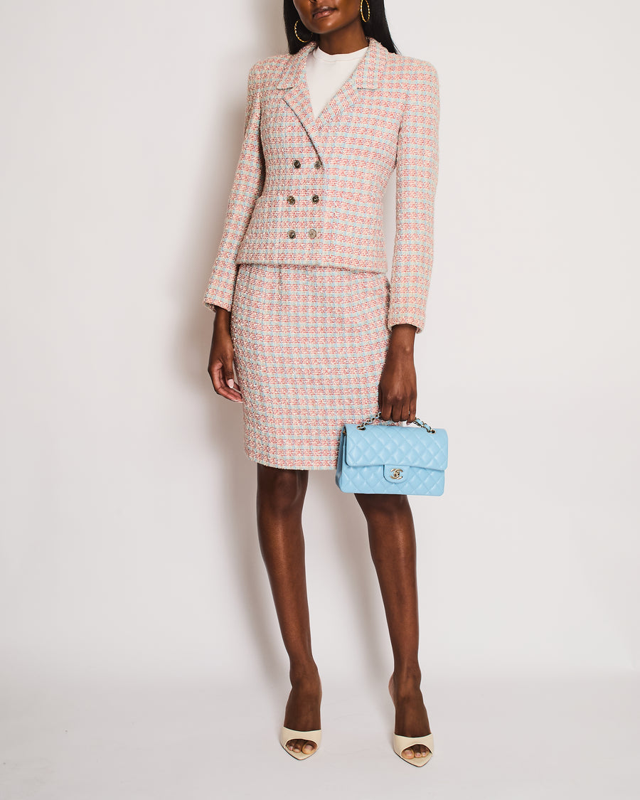 Chanel Red, Blue and White Tweed Jacket and Skirt Set with Silver CC Button Details Size FR 40 (UK 12)