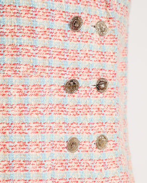 Chanel Red, Blue and White Tweed Jacket and Skirt Set with Silver CC Button Details Size FR 40 (UK 12)