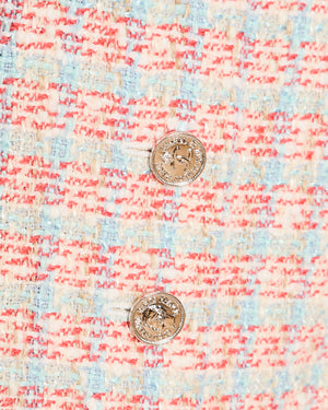 Chanel Red, Blue and White Tweed Jacket and Skirt Set with Silver CC Button Details Size FR 40 (UK 12)